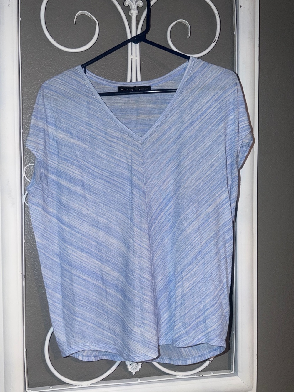White House Black Market Light Blue Heathered V-Neck Short Sleeve Top